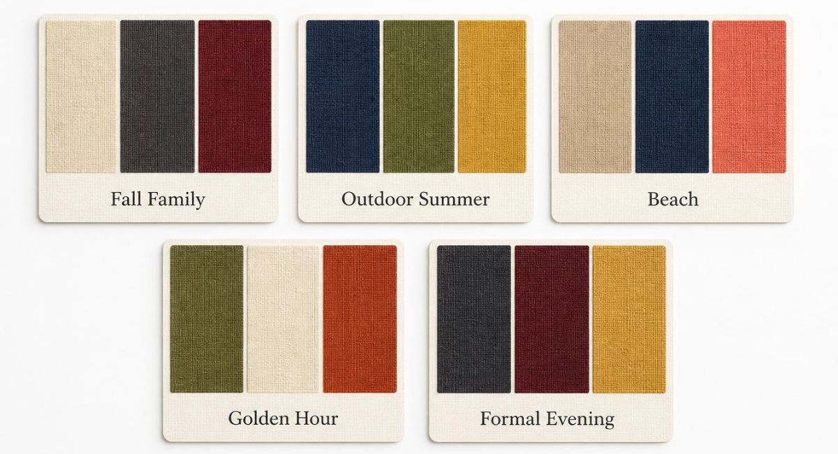 grid of five color swatch cards showing color combinations for fall family outdoor summer beach golden hour and formal evening photography