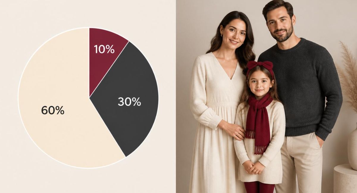 split diagram showing 60-30-10 color rule with cream dominant charcoal secondary burgundy accent and family wearing those exact colors