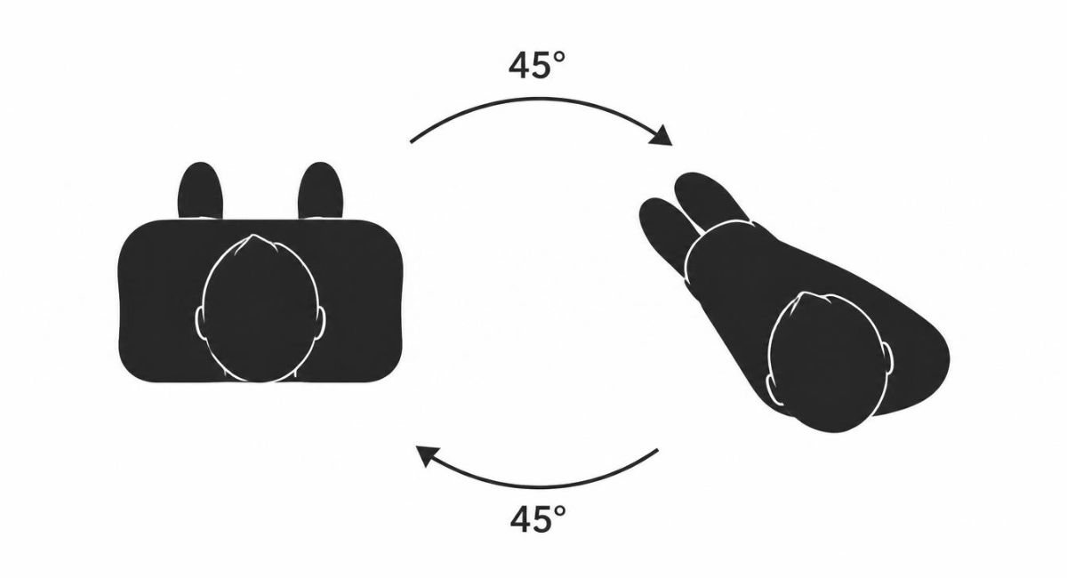 diagram from above showing person facing straight forward looking wide and blocky versus same person angled 45 degrees looking narrower and more dynamic
