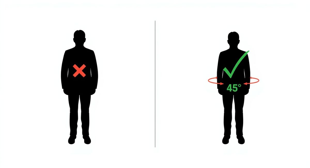 diagram from above showing person facing straight forward looking wide with red X versus same person angled 45 degrees looking narrow with green checkmark