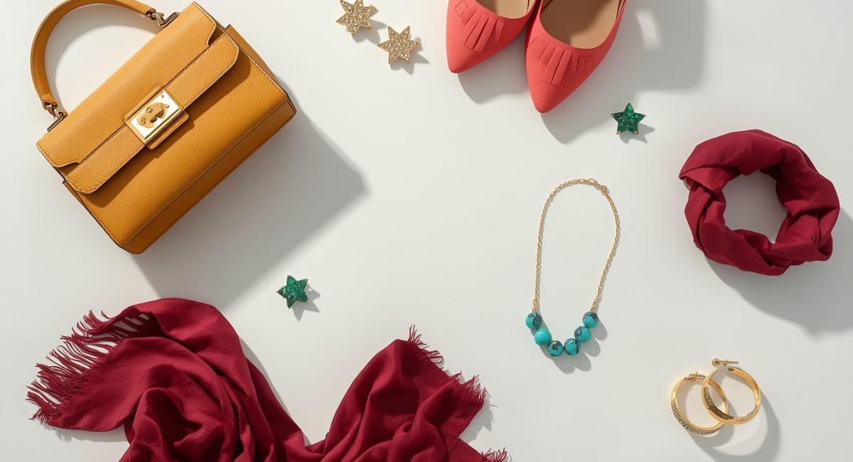 flat lay of small accessories in accent colors mustard yellow handbag coral pink shoes turquoise necklace burgundy scarf gold earrings emerald bracelet