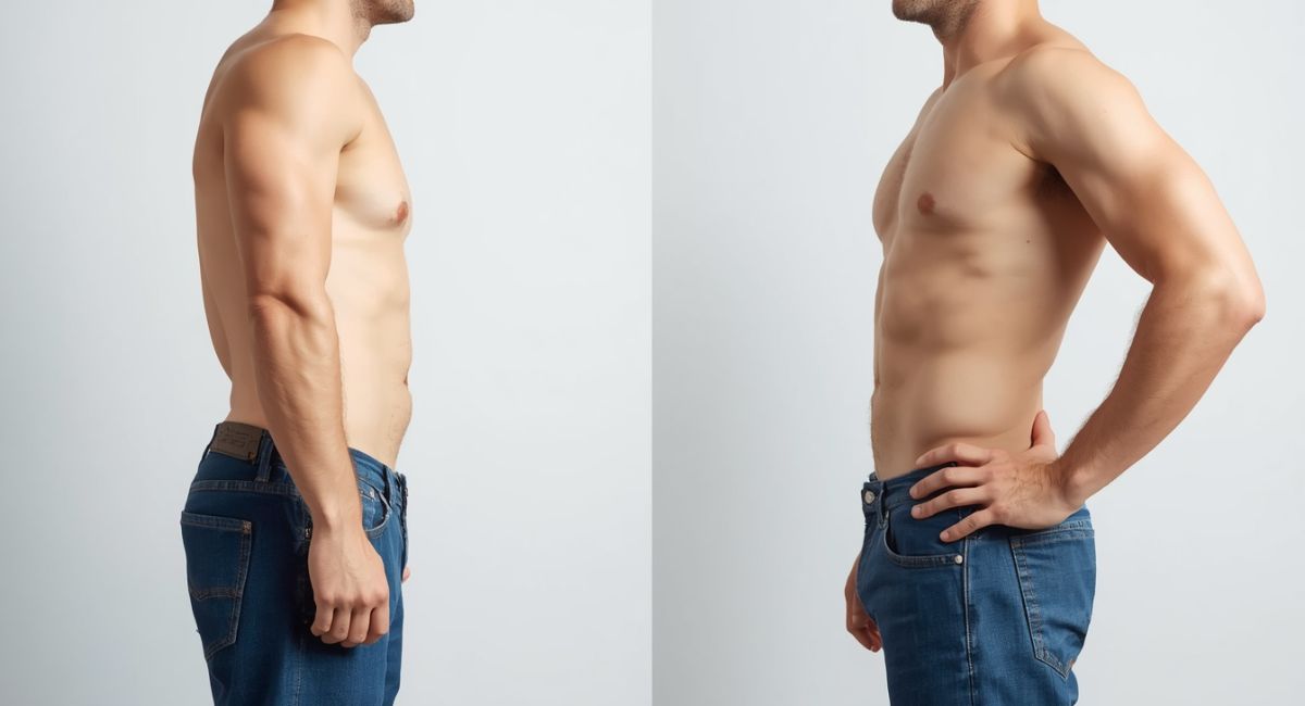split comparison man with arms pressed to sides looking wider and blocky versus man with hand on hip and arm gap looking narrower and defined