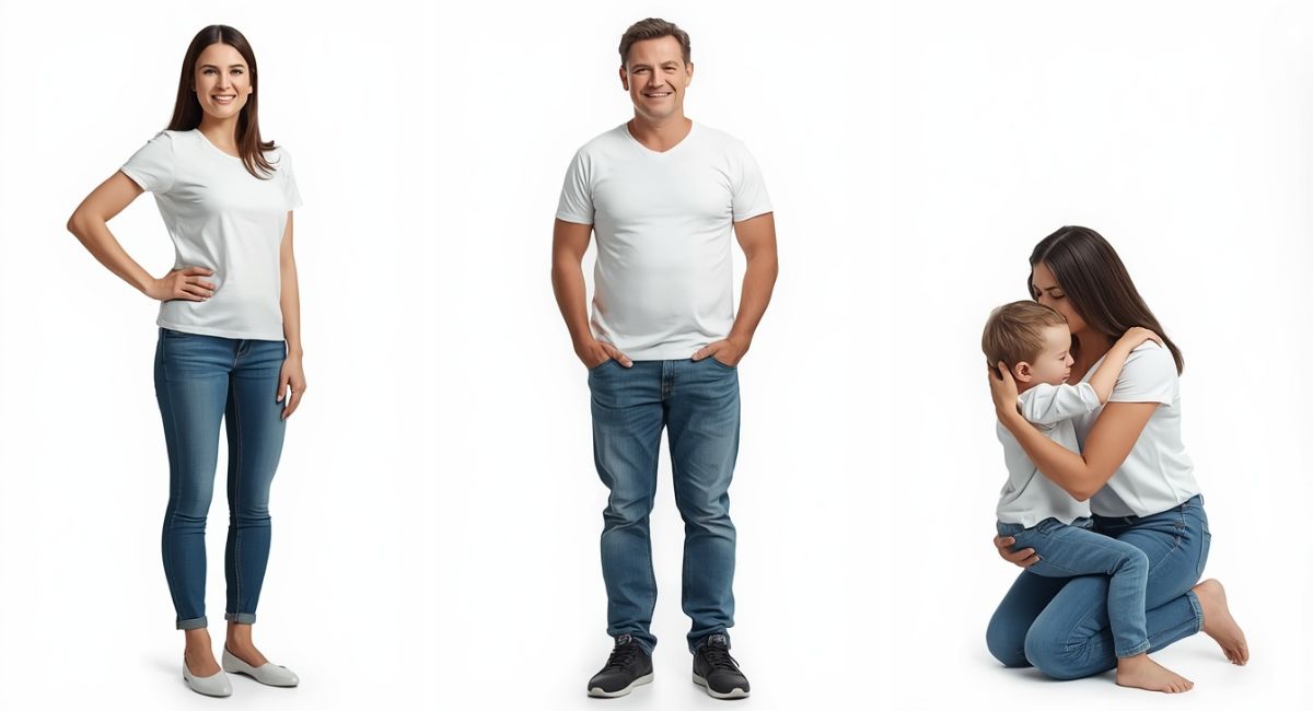 collage showing three examples of arm triangles woman with hand on hip man with hands in pockets mother with arms wrapped around child all with bent elbows creating triangular shapes