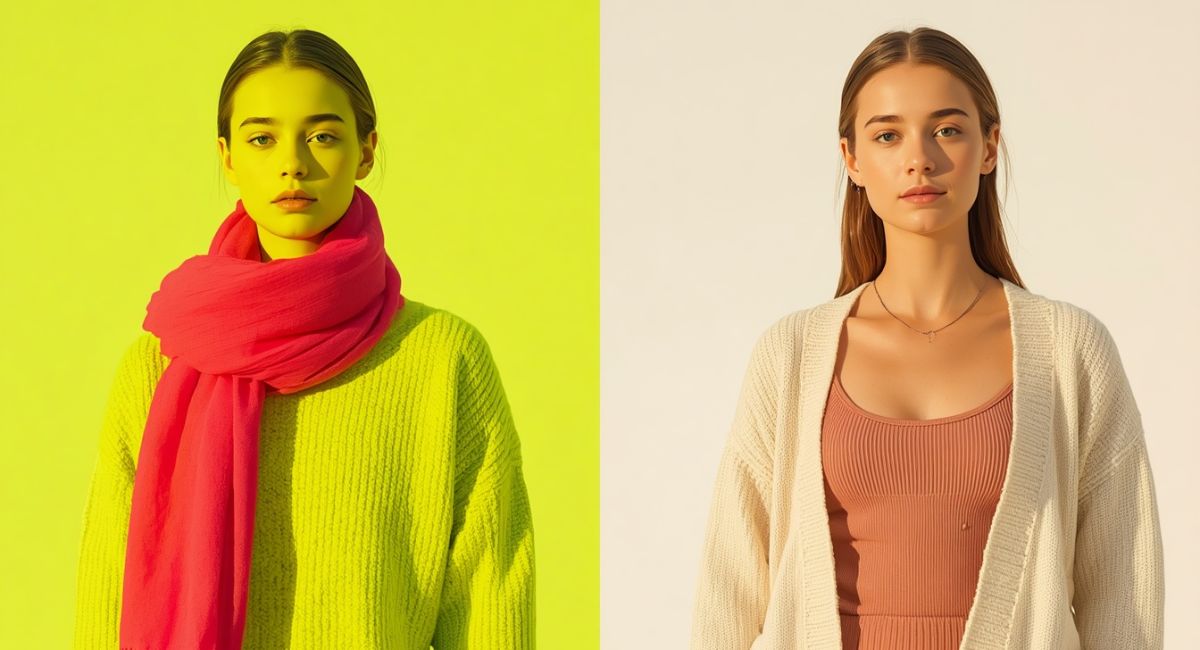 split screen comparison woman wearing bad photo colors neon yellow and hot pink on left versus good photo colors cream and dusty rose on right