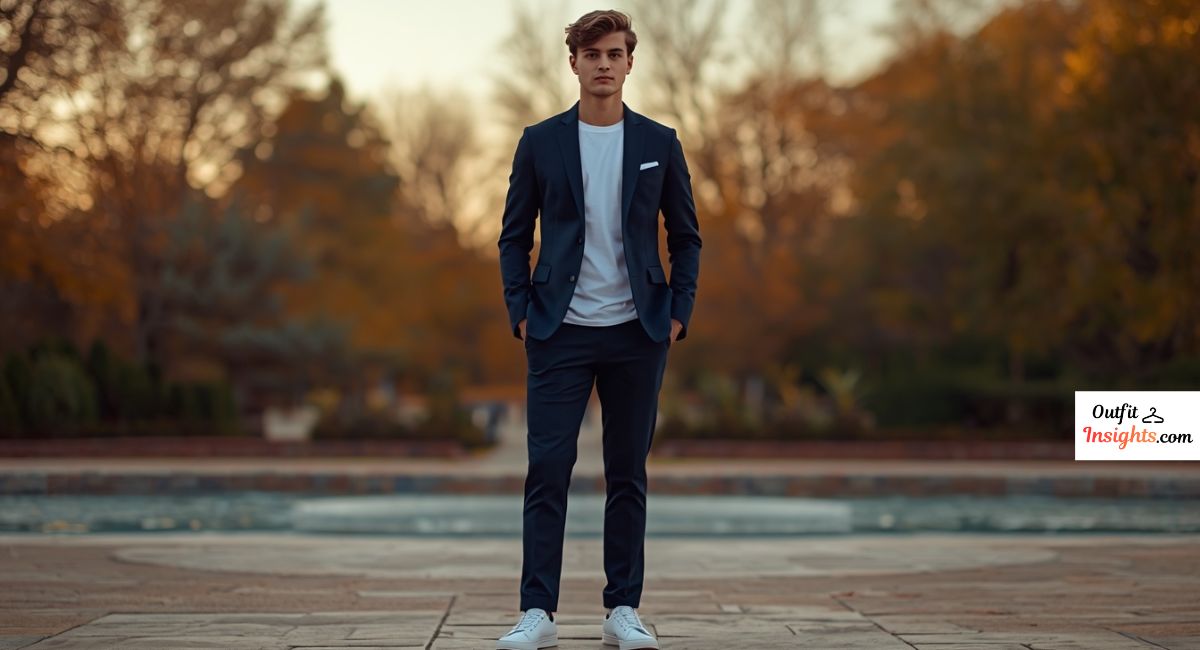 Men senior picture ideas featuring blazer outfit with chinos for formal and confident senior photos.