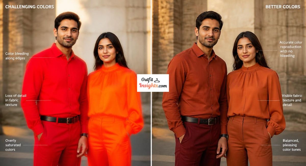 what colors do not photograph well comparison showing bright red and vivid orange clothing versus terracotta and burgundy alternatives