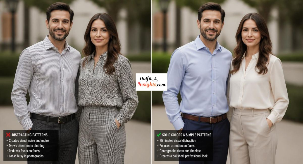what colors do not photograph well comparison showing busy patterns and fine stripes versus solid colors in portrait photography