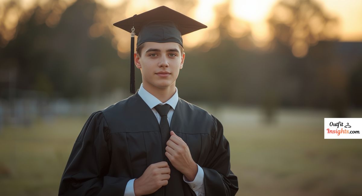Men senior picture ideas with cap and gown graduation outfit for classic senior portraits.
