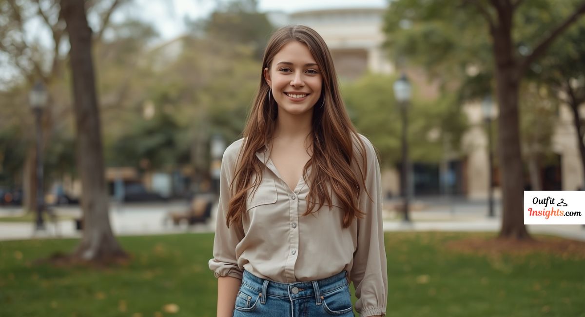 Women senior picture ideas showing a casual-chic outfit with jeans and a blouse for senior portraits.