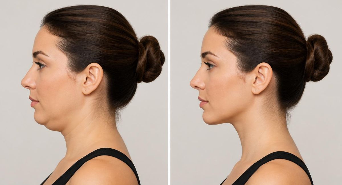 side profile comparison woman with head pulled back showing double chin versus woman with head pushed forward showing defined jawline and elongated neck