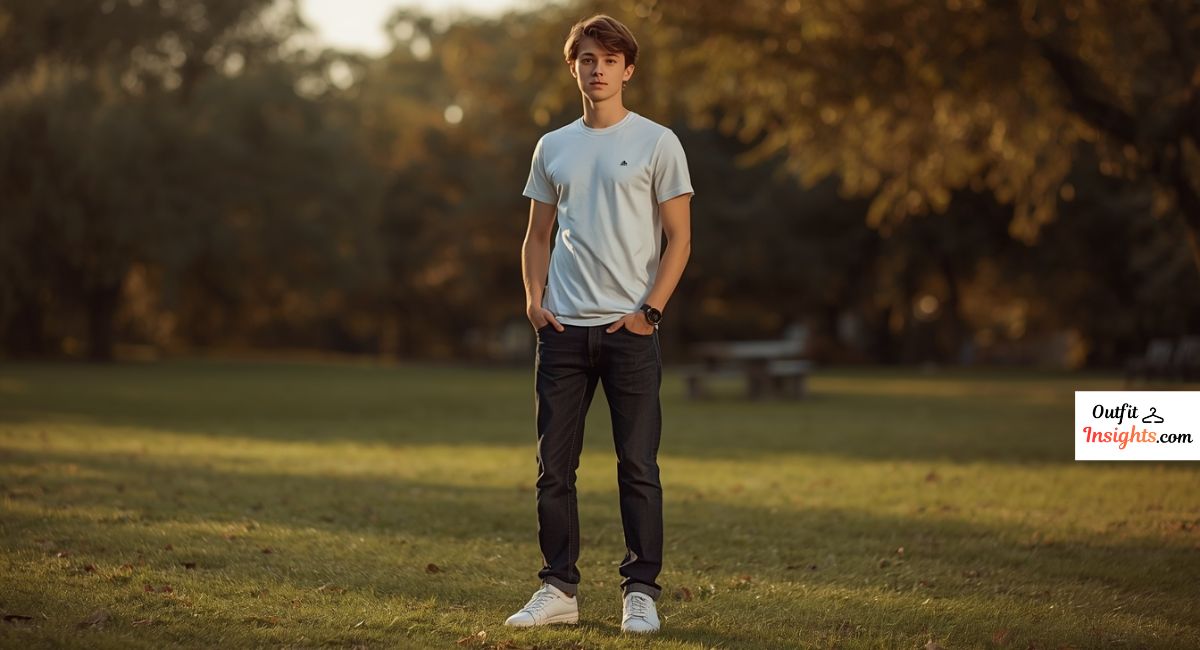 Men senior picture ideas featuring classic casual outfit with jeans and white t-shirt for natural senior portraits.
