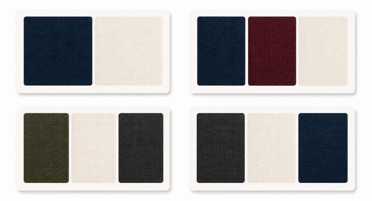 grid of four color palette cards showing classic elegance autumn rich natural earth and winter sophisticated combinations with fabric swatches