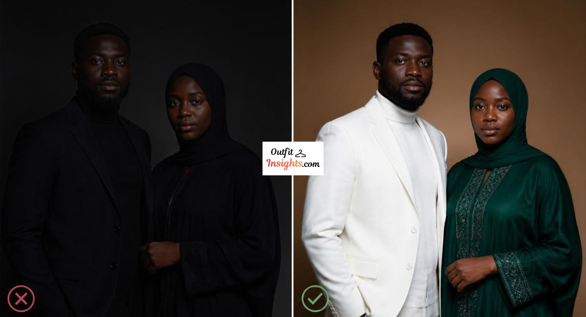 dark skin tone photography comparison showing low contrast dark outfits versus bright high contrast clothing colors