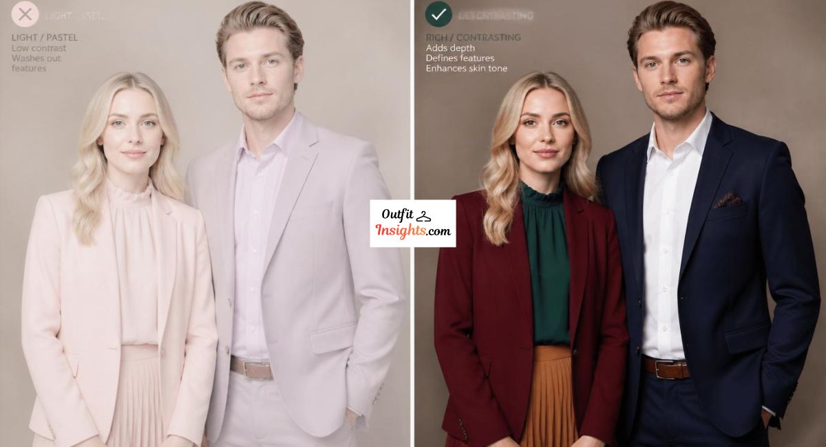 fair skin tone photography comparison showing washed out pastel colors versus deep contrasting outfit colors
