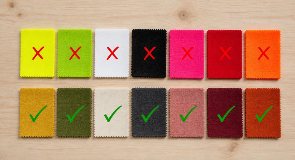 fabric swatches showing bad photo colors neon yellow hot pink pure white jet black with red X marks and good photo colors cream olive dusty rose charcoal with green checkmarks