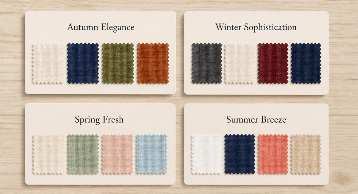 grid of four color palette cards showing autumn elegance winter sophistication spring fresh and summer breeze with fabric swatches in coordinating colors