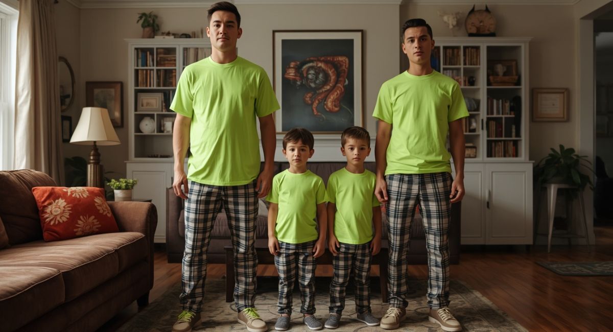 family wearing clashing neon and tiny plaid patterns for a photo shoot