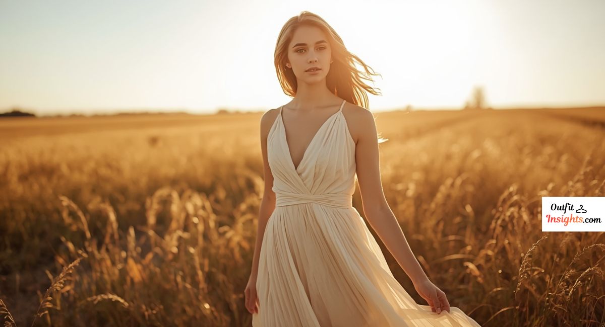 Women senior picture ideas featuring a flowy maxi dress in a golden hour outdoor senior photoshoot.