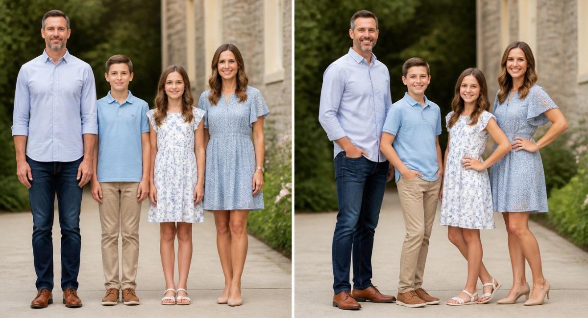 split comparison left side family looking stiff and uncomfortable before following photographer directions right side same family looking natural and confident after following directions