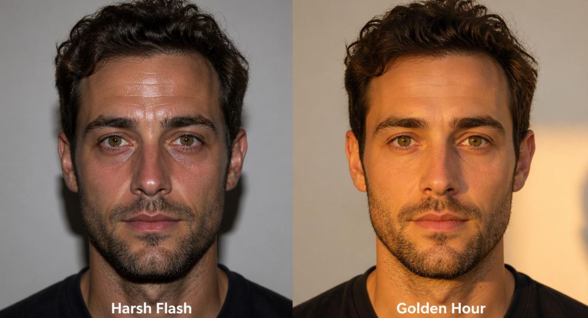 split comparison same face harsh flash creating dark shadows and shiny skin versus golden hour light creating even illumination and smooth skin