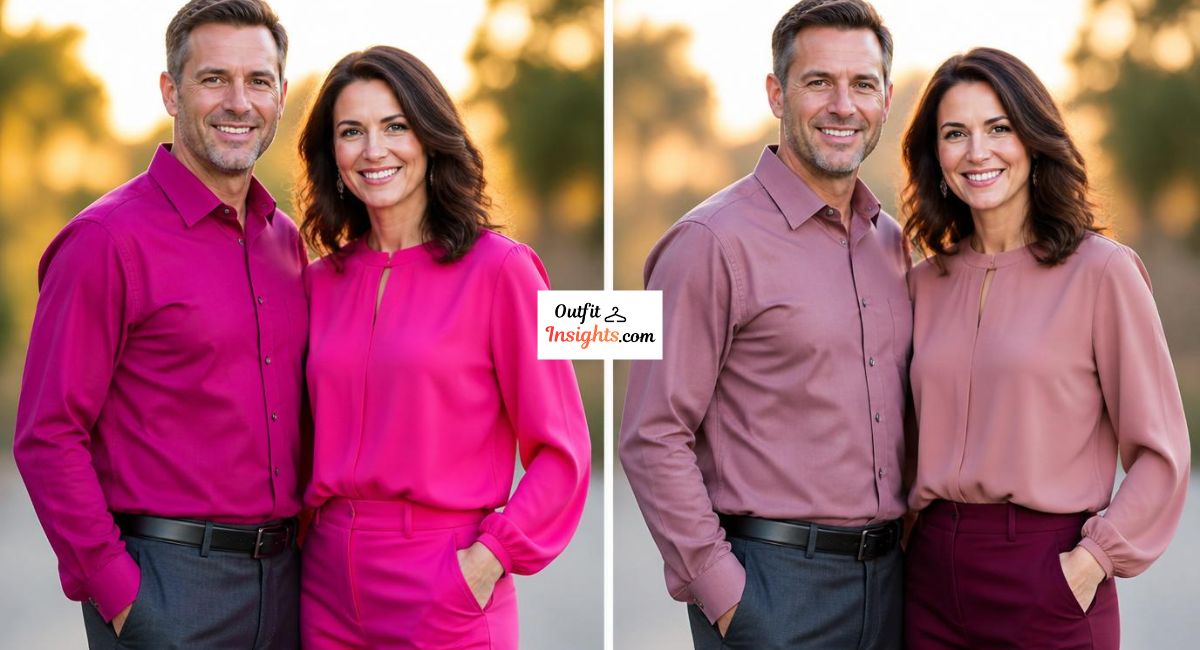 what colors do not photograph well comparison showing hot pink and magenta clothing versus dusty rose and mauve alternatives in portraits