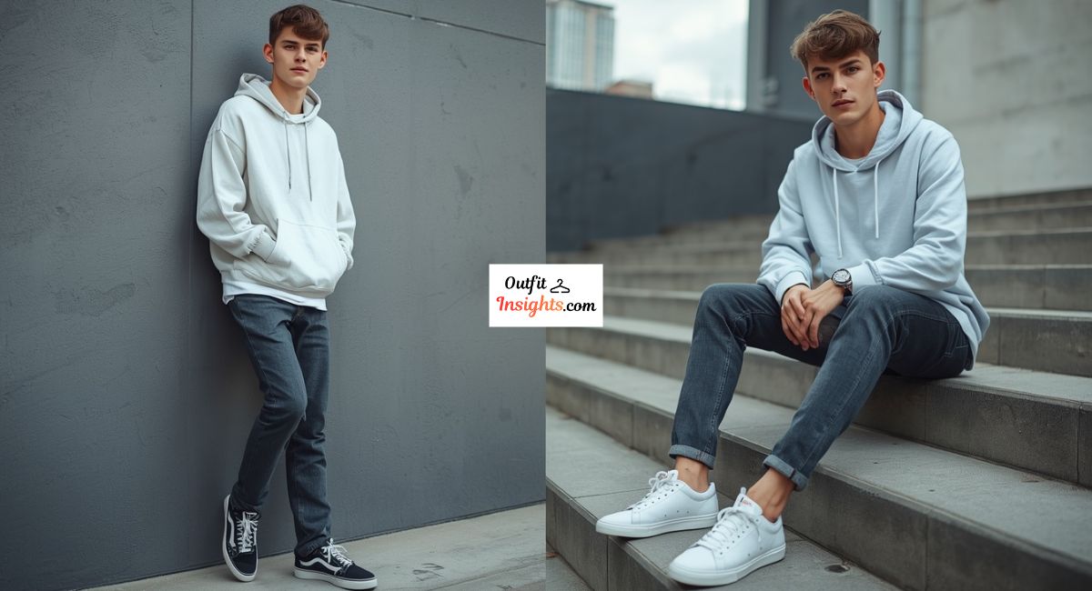 Men senior picture ideas showing layered street style outfit with hoodie and jeans for casual senior photos.