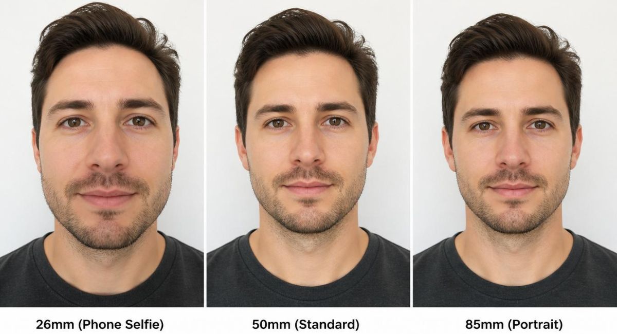 three panel comparison same face at 26mm looking wider at 50mm looking natural and at 85mm looking most flattering