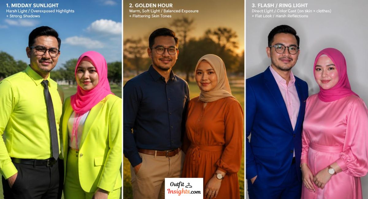 what colors do not photograph well lighting comparison showing natural light flash photography and ring light effects on outfit colors