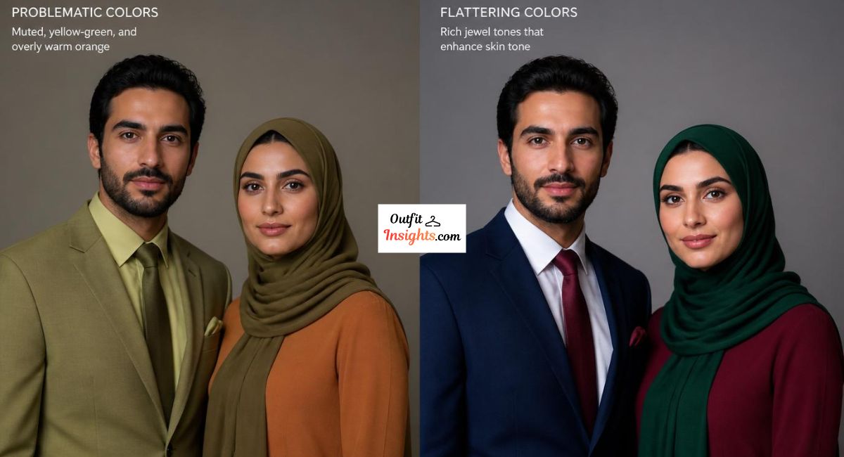 medium olive skin tone photography comparison showing muted yellow tones versus rich jewel tone outfits