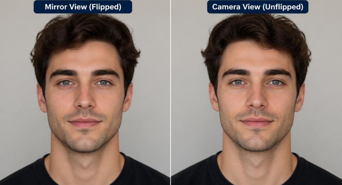 split comparison same face mirror flipped view on left camera unflipped view on right showing small asymmetries visible in camera view