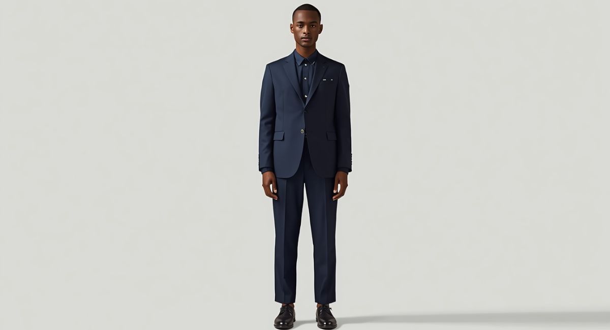 person wearing monochrome navy outfit from head to toe appearing taller and narrower due to uninterrupted vertical line
