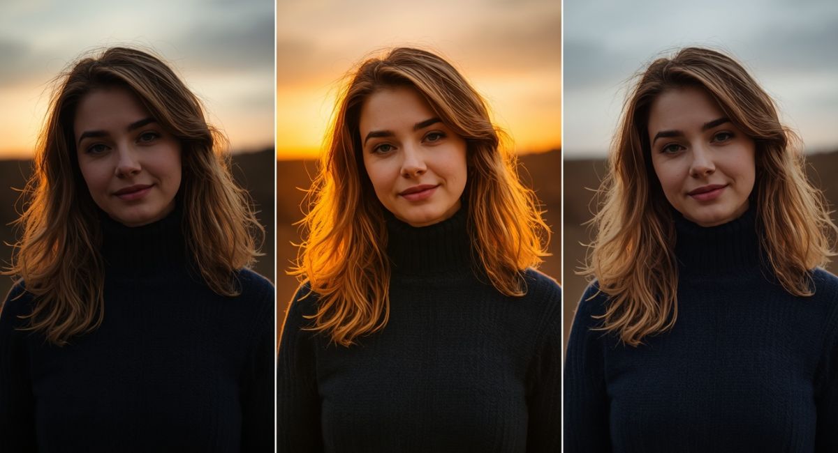three panel comparison same woman in navy sweater photographed in harsh midday sun golden hour and overcast light navy looks good in all conditions