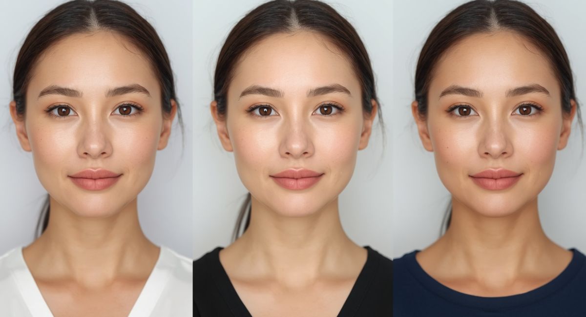 three panel comparison same woman wearing white top looking washed out black top looking flat navy top looking radiant and smooth