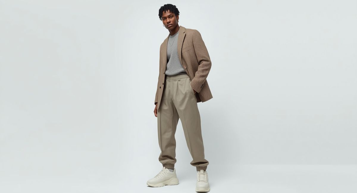Fusion outfit combining old money fashion style blazer with oversized streetwear baggy pants aesthetic