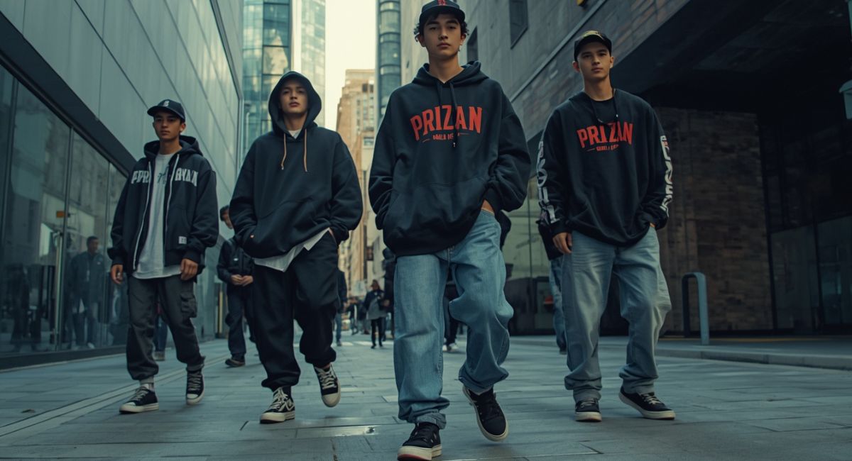 Oversized streetwear fashion men baggy jeans and hoodie aesthetic urban style outfit