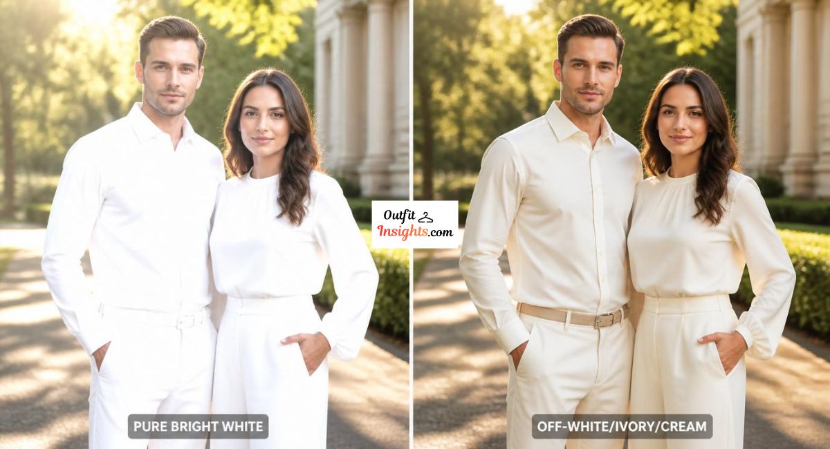what colors do not photograph well comparison showing pure bright white clothing versus ivory and cream alternatives in portraits