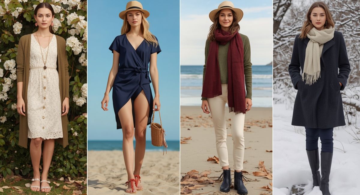 four panel grid showing spring summer fall winter color recommendations cream and olive for spring navy and coral for summer olive and burgundy for fall charcoal and cream for winter