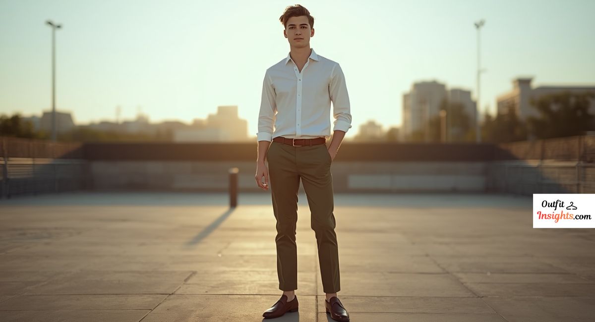 Men senior picture ideas featuring smart casual outfit with chinos and linen shirt for stylish senior portraits.
