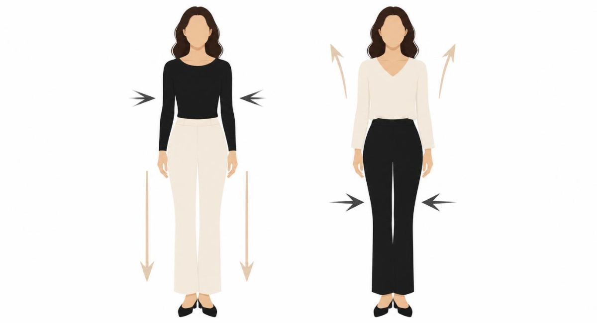 diagram showing woman silhouette with dark top light pants compressing upper body and light top dark pants compressing lower body