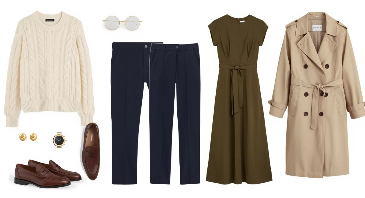 classic neutral clothing pieces including cream sweater navy pants brown loafers olive dress and beige trench coat