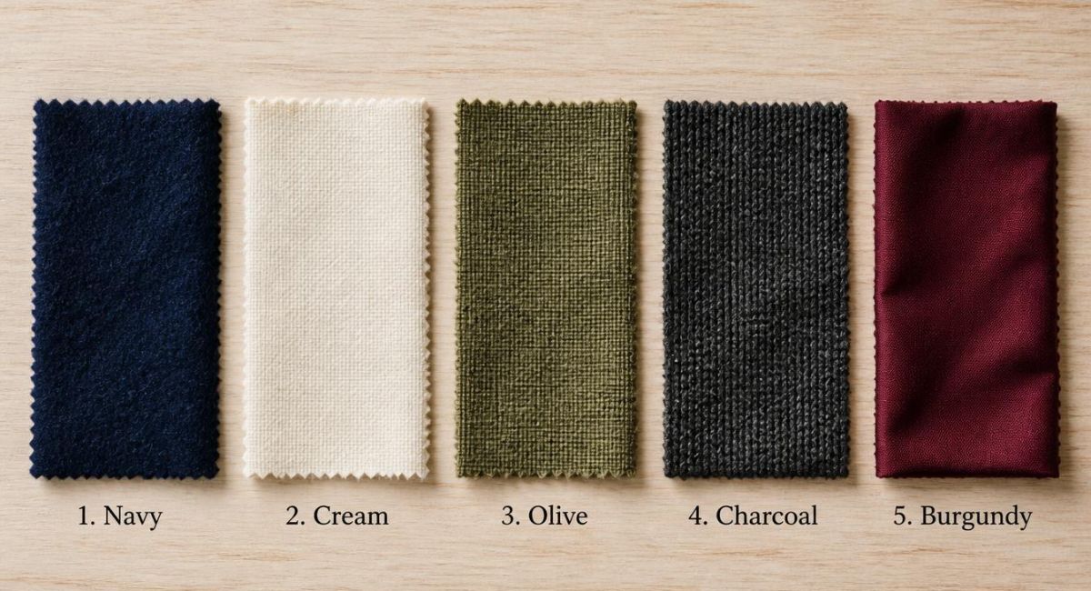 flat lay of five fabric swatches navy cream olive charcoal burgundy labeled one through five on light wooden background
