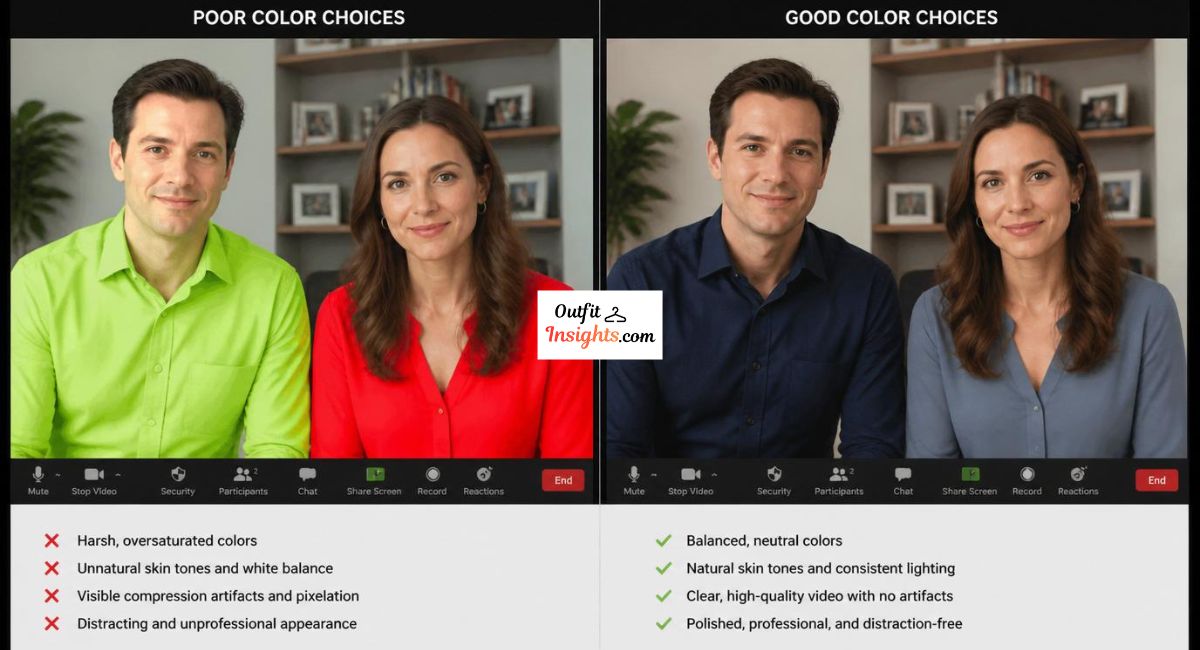 video call outfit comparison showing colors that do not photograph well versus professional colors that work on zoom meetings