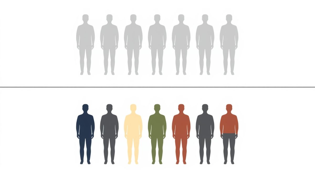diagram comparing five identical gray silhouettes blending into one blob versus five distinct colored silhouettes each standing out clearly
