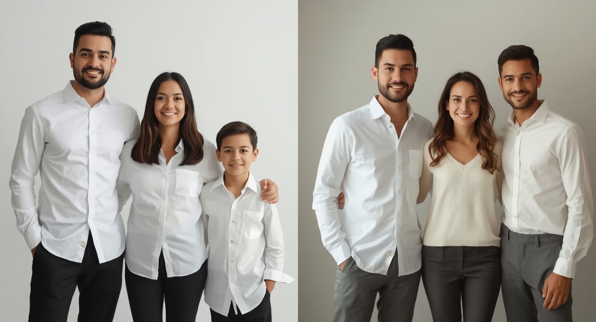 comparison of pure white and jet black outfits versus cream and charcoal for family photography