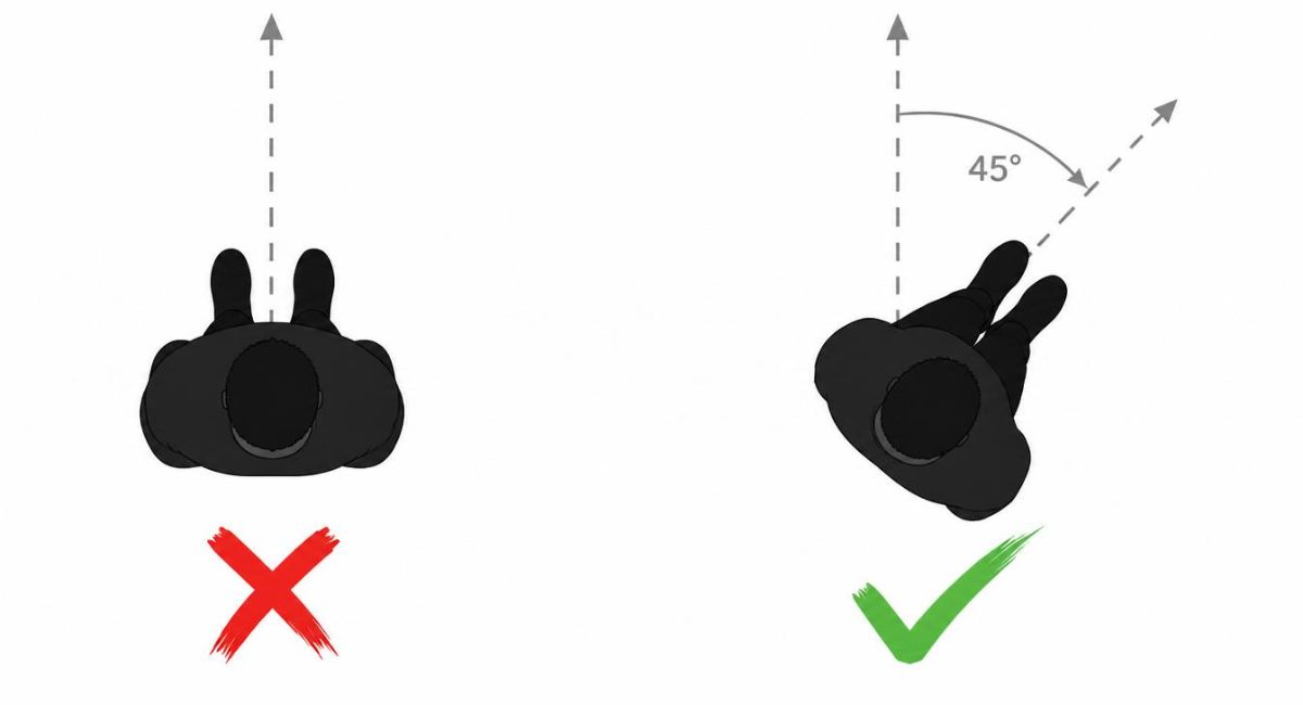 diagram from above showing person facing straight forward looking wide versus same person angled 45 degrees looking narrow and dynamic