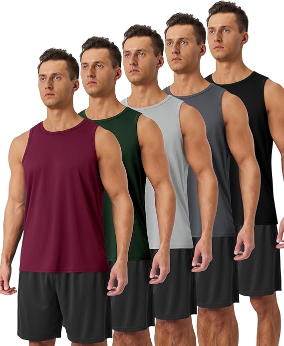 Five pack moisture wicking tank tops for men in black dark grey light grey army green and wine for summer family photos