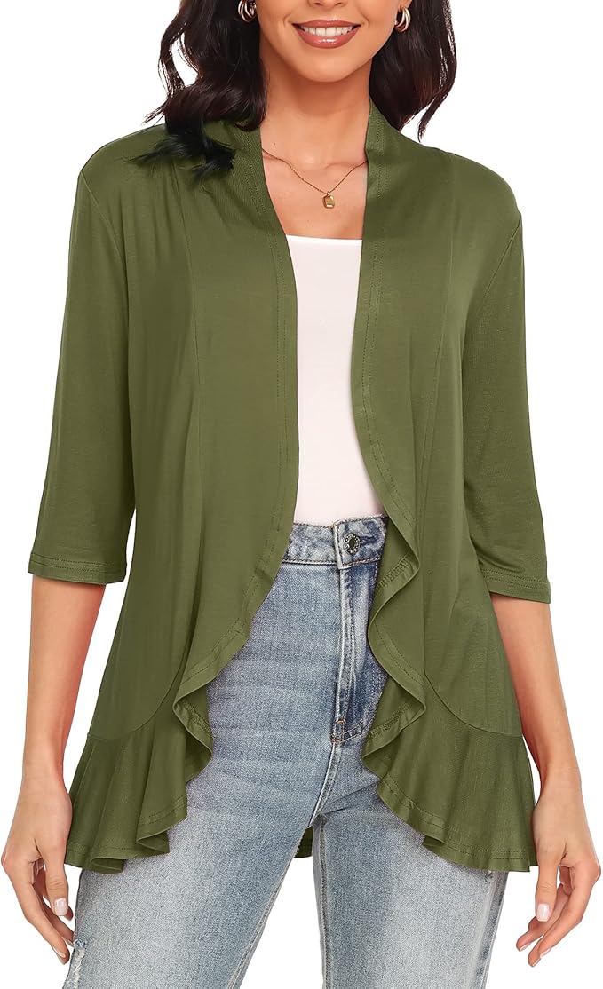 Army green 3/4 sleeve cardigan for women open front lightweight for outdoor family portraits