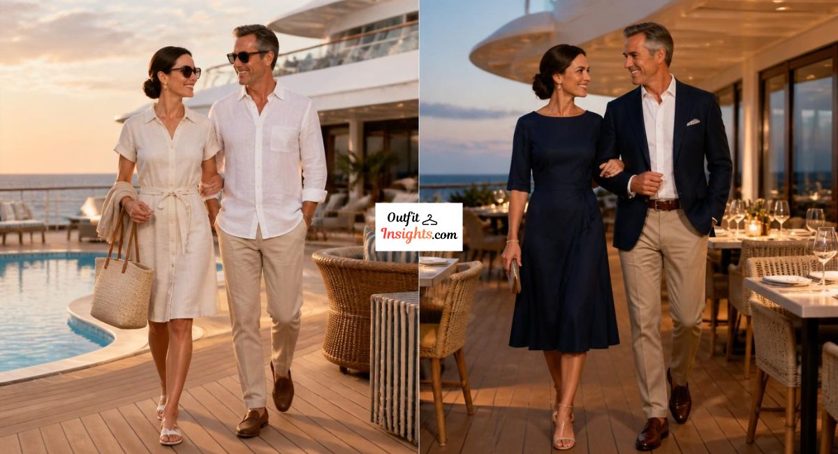 Attire for Carnival Cruise featuring modest daytime resort wear and elegant evening outfits for men and women aboard a cruise ship.