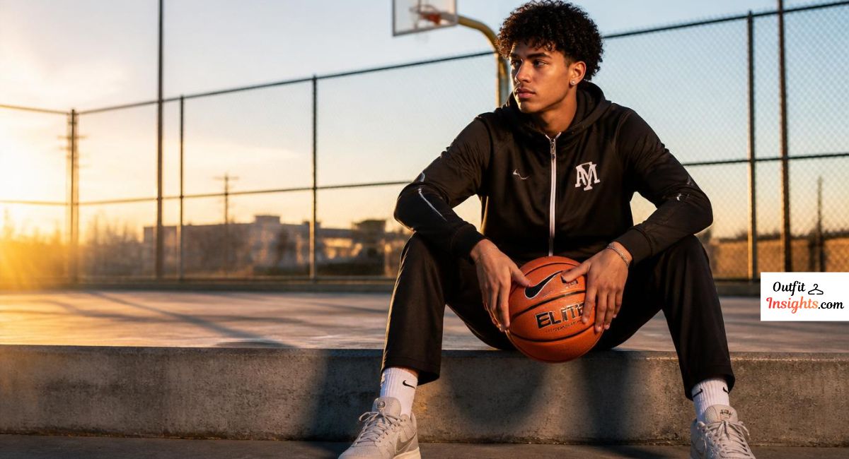Men senior picture ideas showing a basketball player on an outdoor court during a senior portrait session.