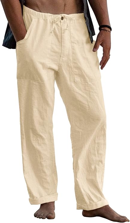 Beige loose fit elastic waist linen yoga pants for men drawstring summer trousers for family photos